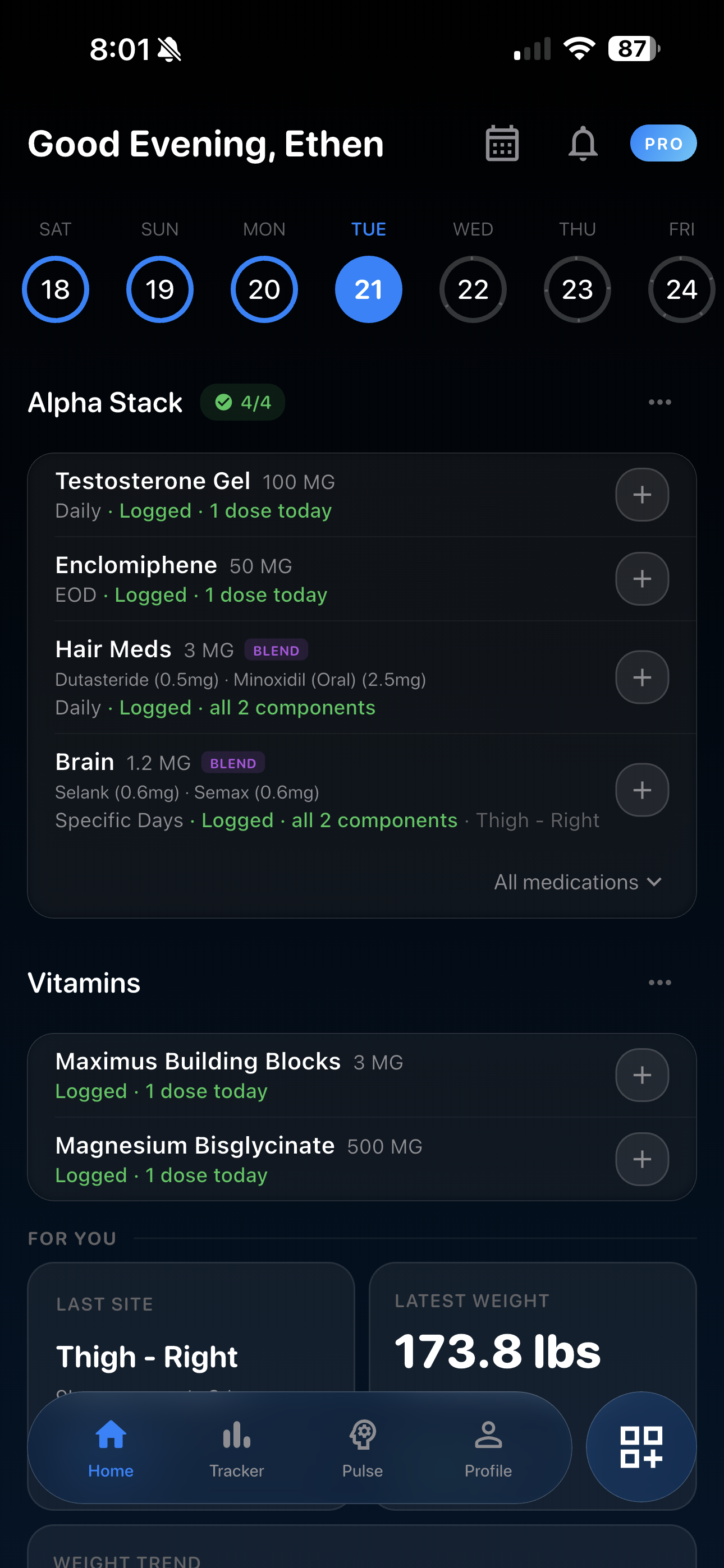 Dose Track Home Screen — daily medication stack view