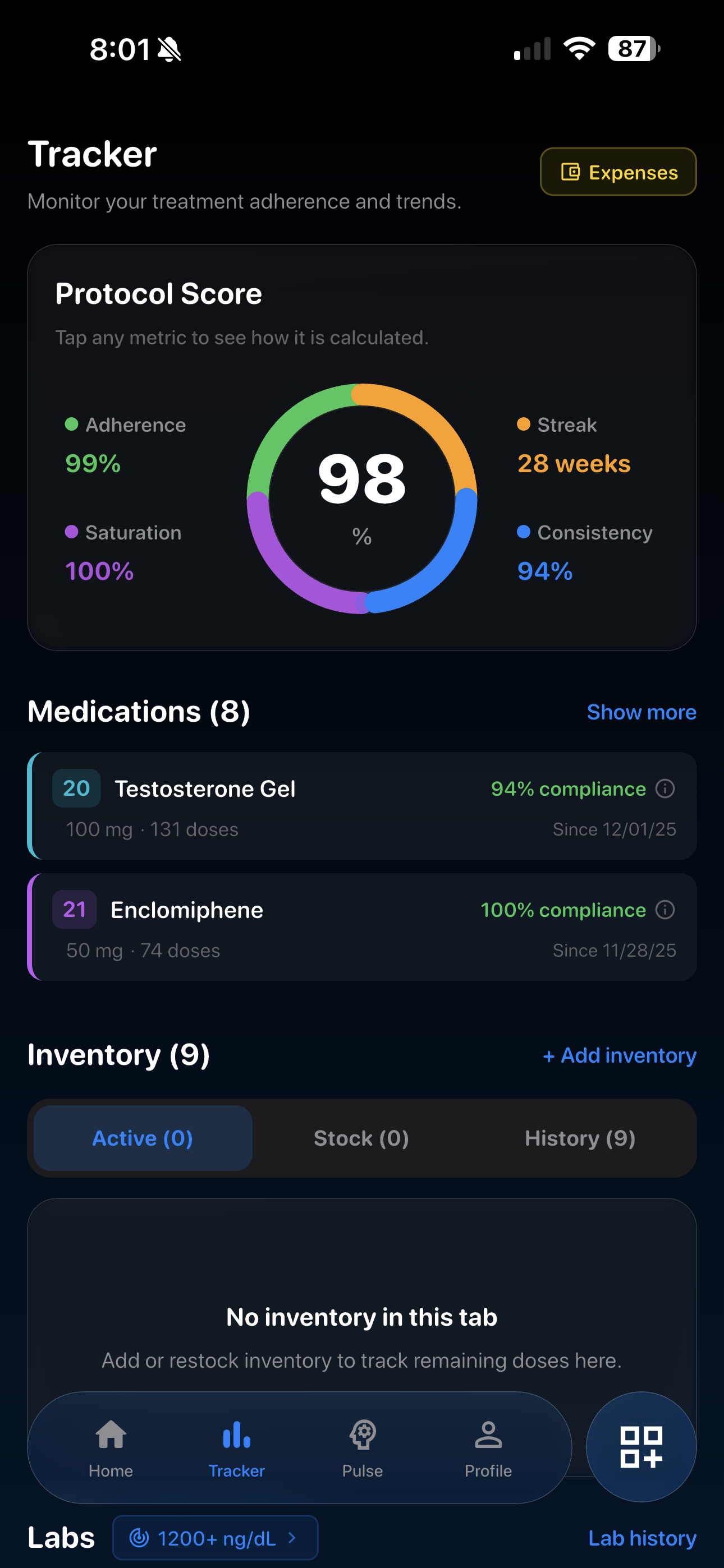 Dose Track Tracker — protocol score ring and adherence