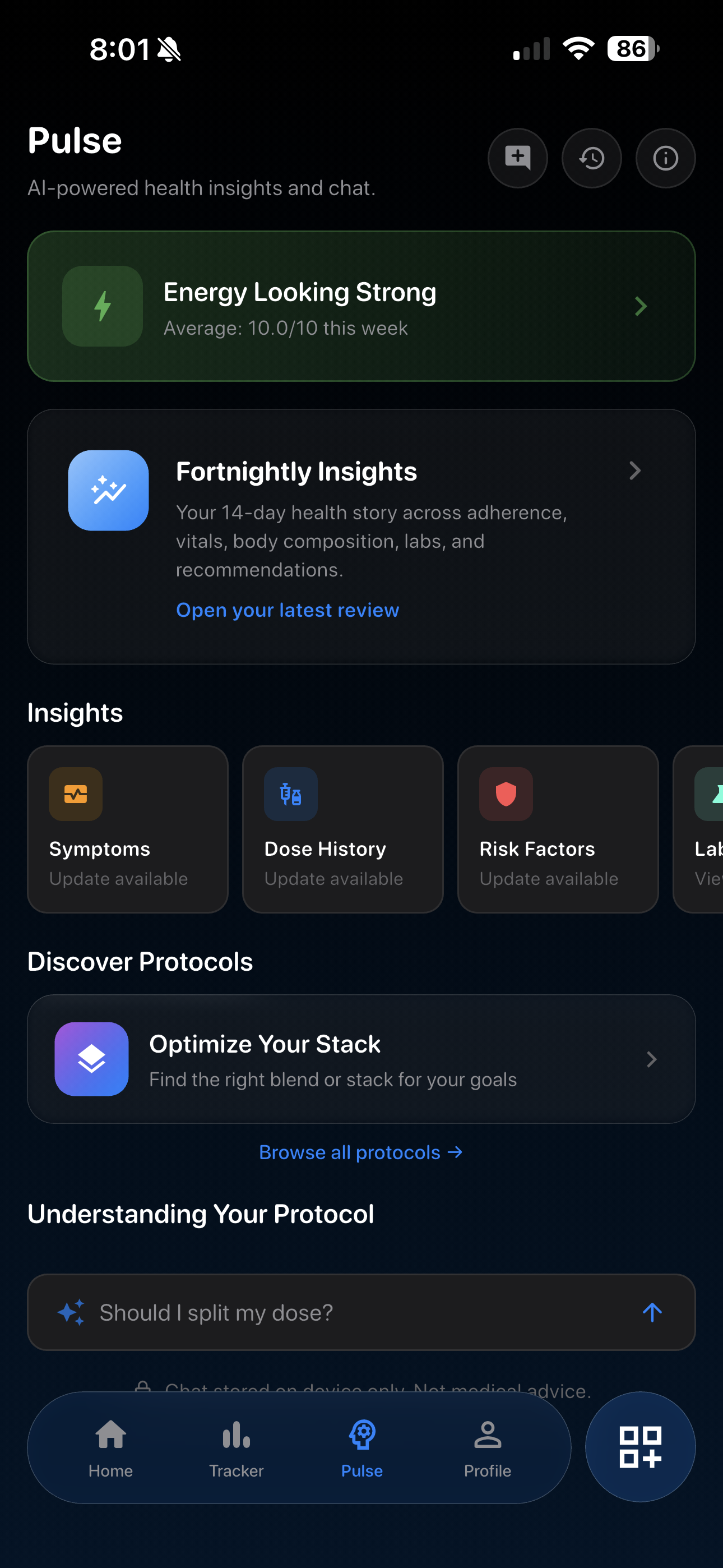 Dose Track Pulse AI — protocol coaching screen